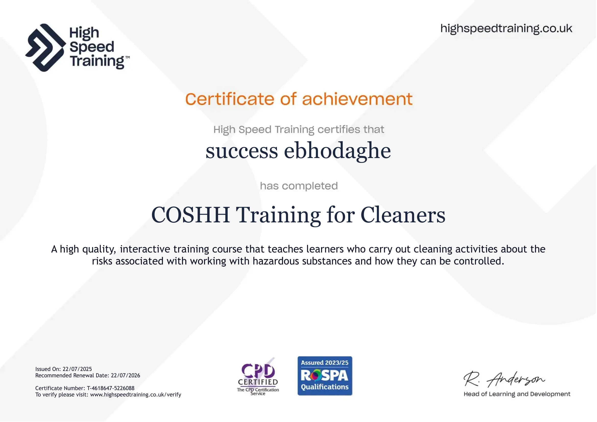 COSHH Certificate of Achievement - success ebhodaghe