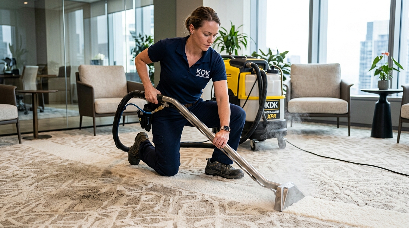 KDK technician steam extraction on luxury carpet